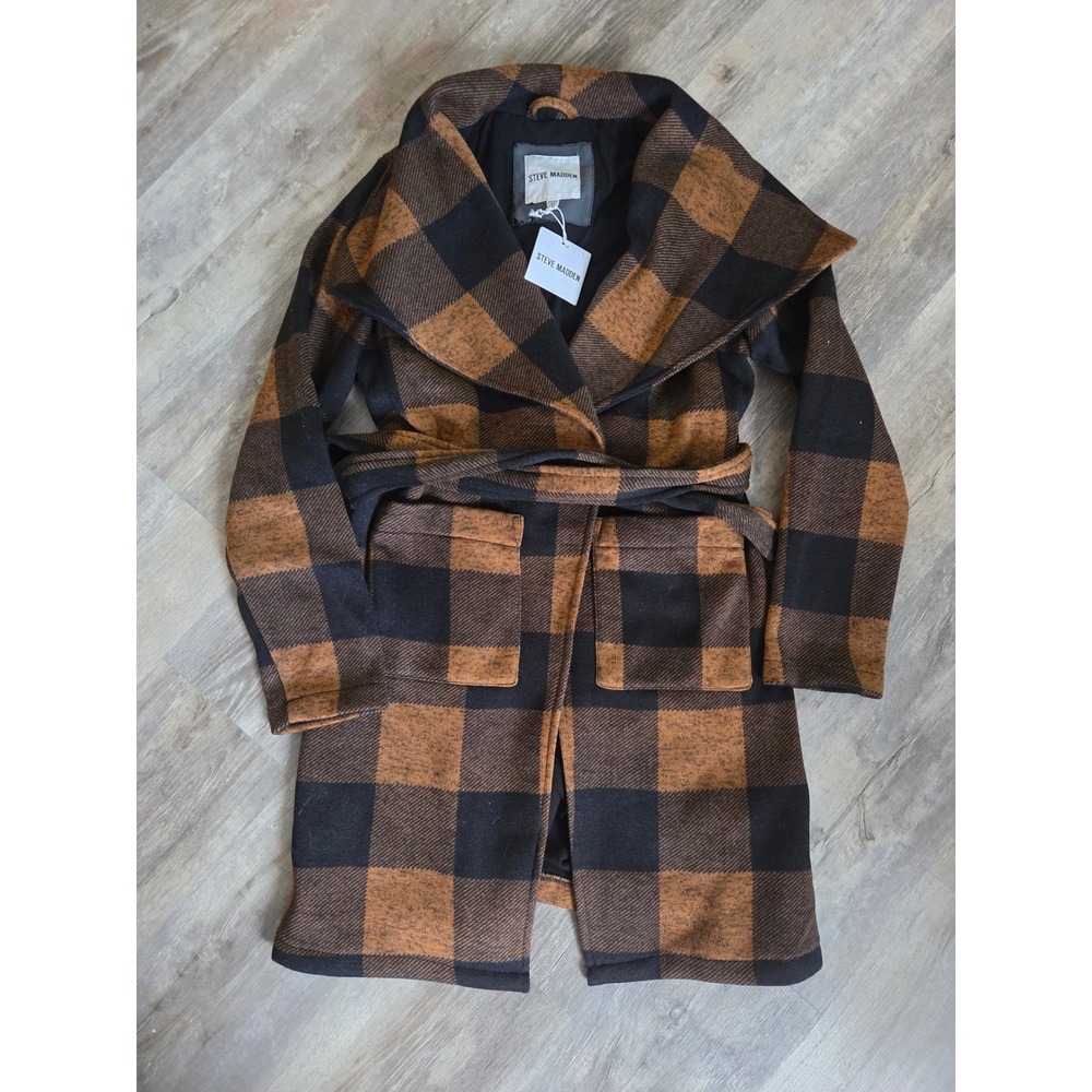 Steve Madden Buffalo Plaid Wrap Coat Brown Black Tie Waist M